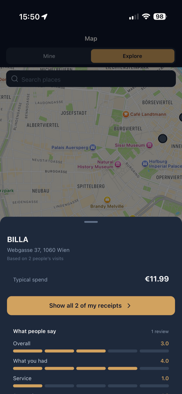 The Explore map showing a place with its typical spend and ratings