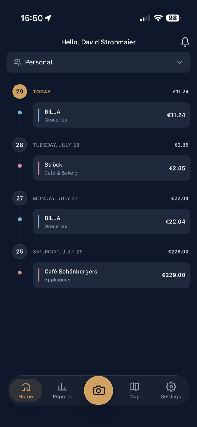 The home timeline with expenses grouped by day