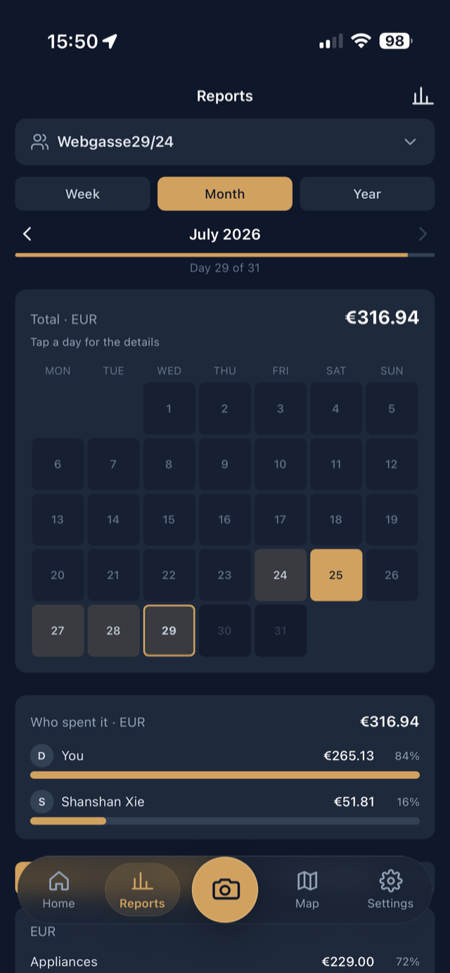 The same report shown as a tappable calendar